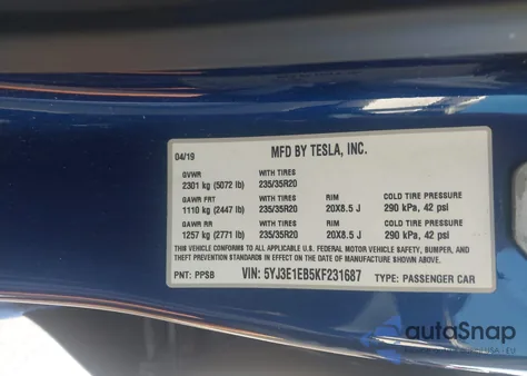 2019 Tesla Model 3 Long Range/Performance из США, поврежденный, VIN 5YJ3E1EB5KF231687